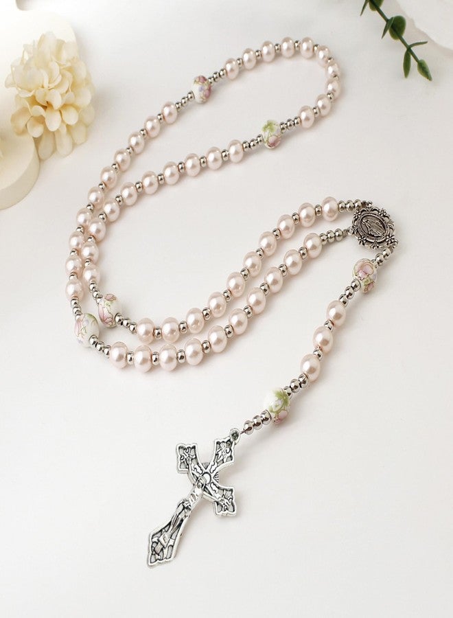 CACALOSS 8mm Pearl Alloy Catholic Cross Rosary Necklace - Exquisite Prayer, Portable and Lightweight - Image 4